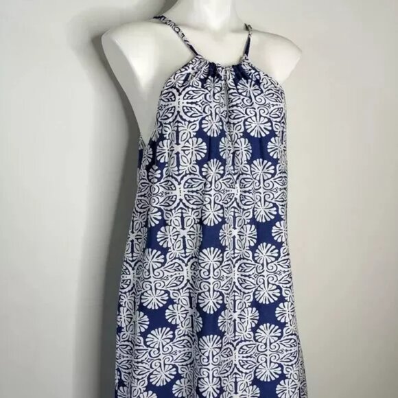 Vineyard Vines Mirrored Leaves Trapeze Halter dress in Moonlight Blue & White - Picture 5 of 11